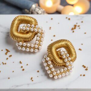 🆕️18K Gold Plated Pearl Inlaid Statement Earrings - Glam & Trendy Design ✨